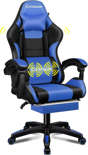Gaming Chair Recliner Office Swivel Desk Chair Massage Lumbar Cushion Blue PU Le