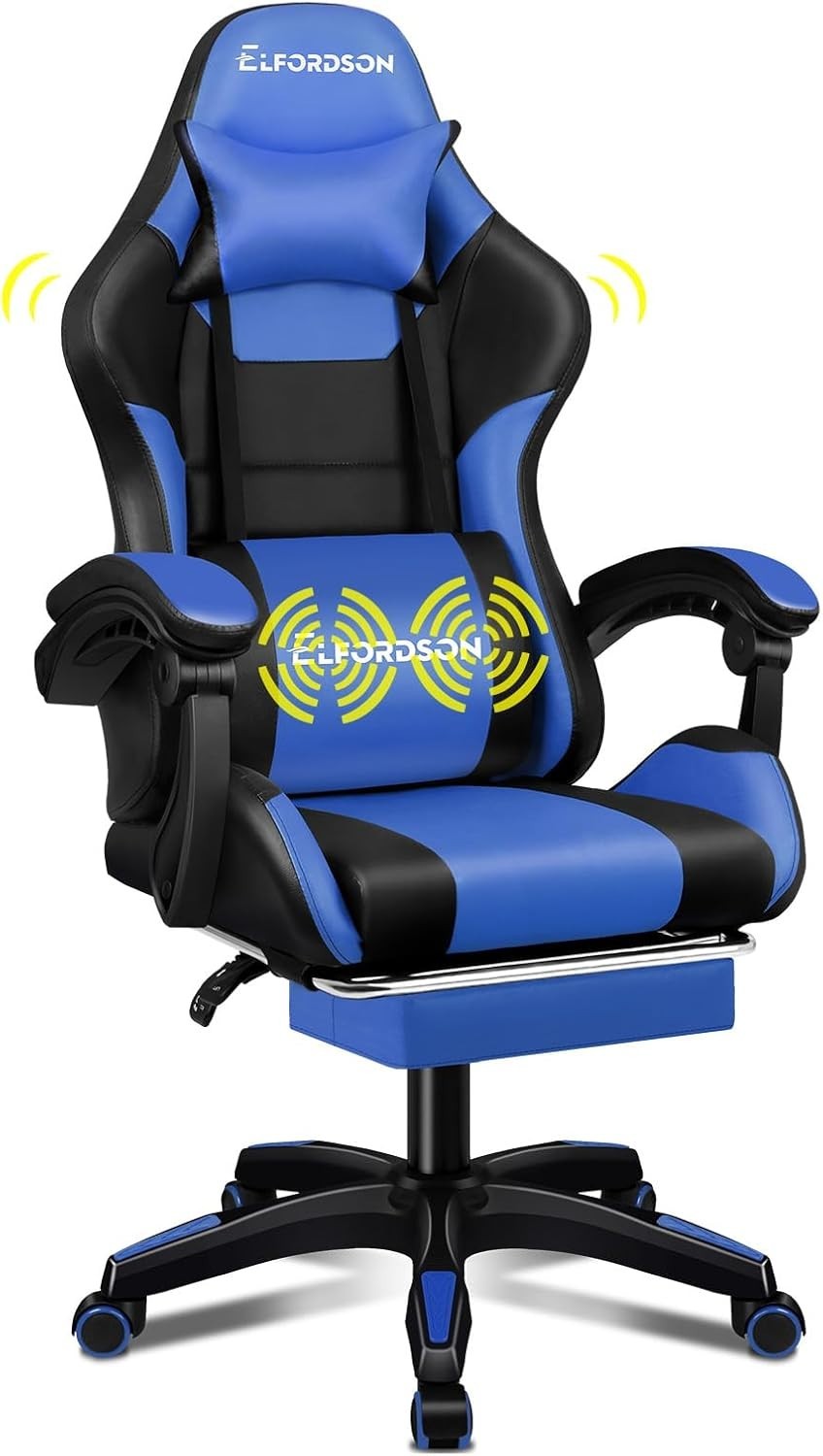 Gaming Chair Recliner Office Swivel Desk Chair Massage Lumbar Cushion Blue PU Le