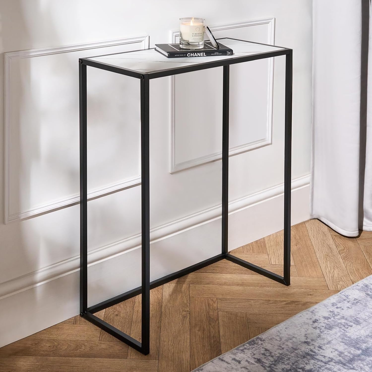 Slim Marble Look Console Table with Sturdy Metal Frame – Space Saving