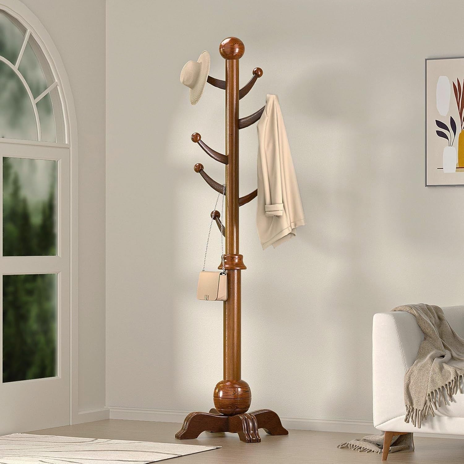 Wooden Coat Rack Stand Freestanding 7 Hooks Sphere Base Hall Tree Walnut