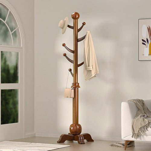 Wooden Coat Rack Stand Freestanding 7 Hooks Sphere Base Hall Tree Walnut