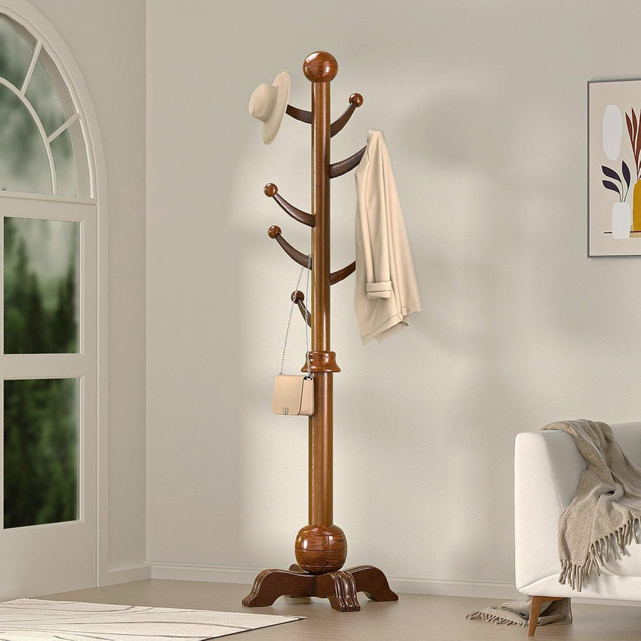Wooden Coat Rack Stand Freestanding 7 Hooks Sphere Base Hall Tree Walnut