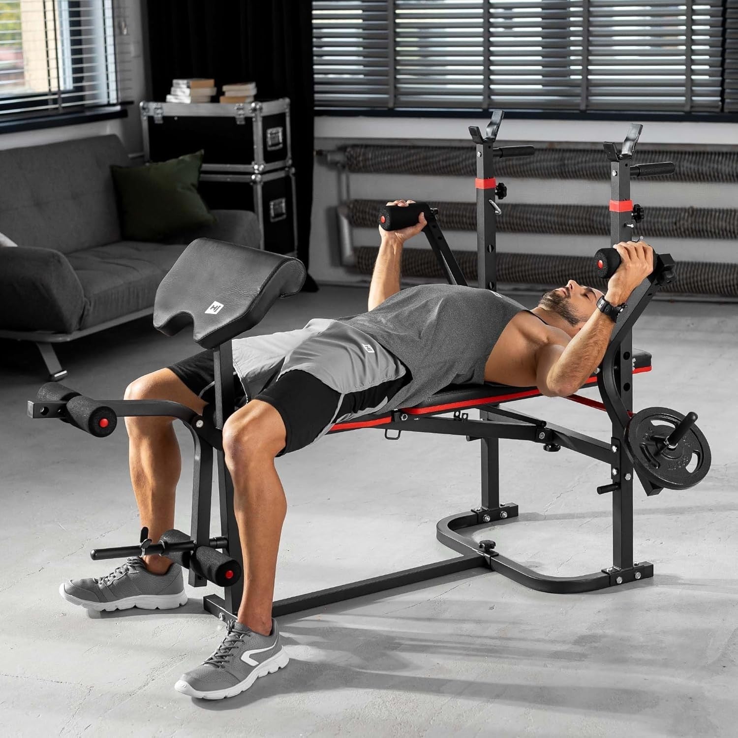 Foldable Multi-Function Weight Bench With Barbell Rack Curl & Leg Trainer