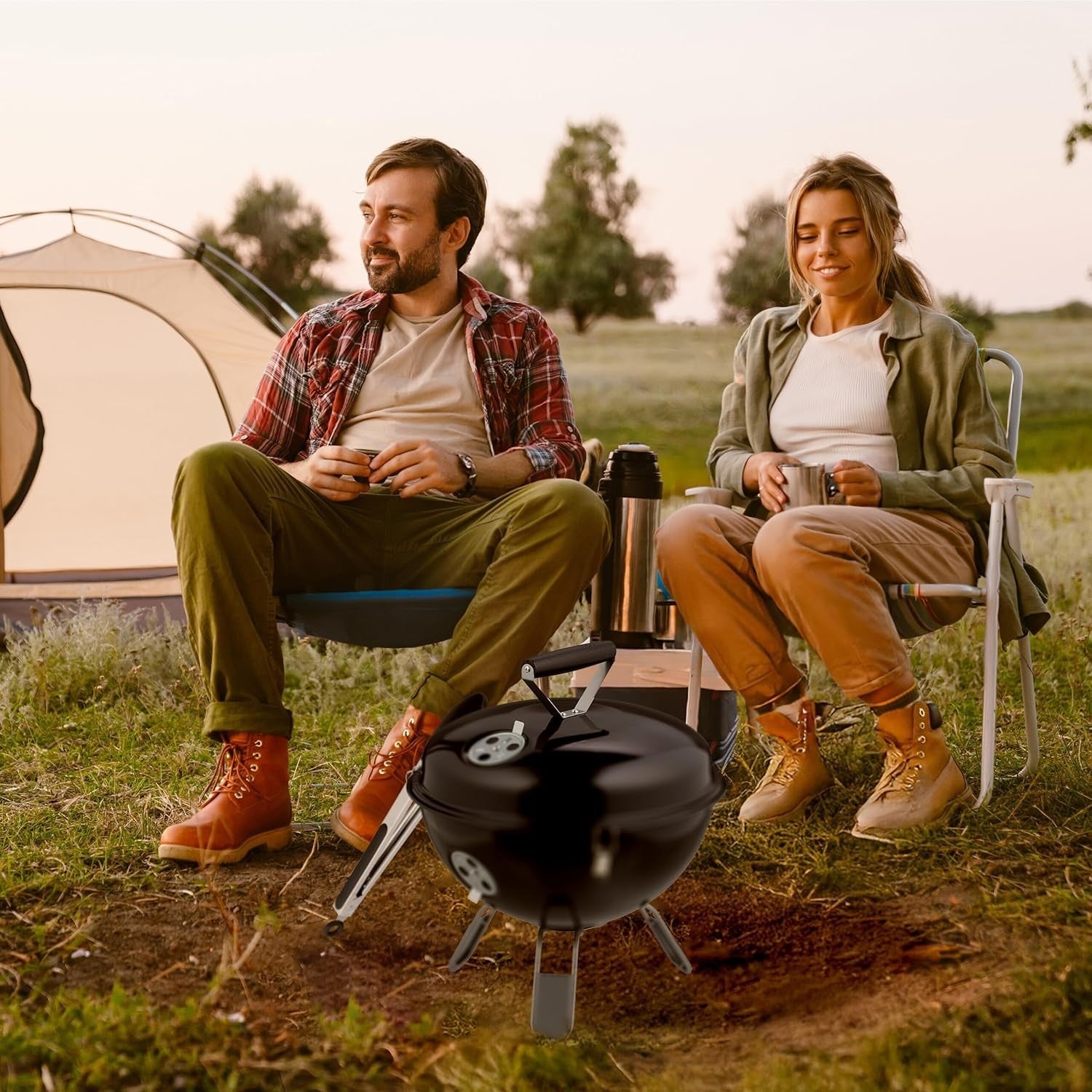 Portable Charcoal Kettle BBQ Grill 37cm with Lid & Tongs – Garden Camping Picnic