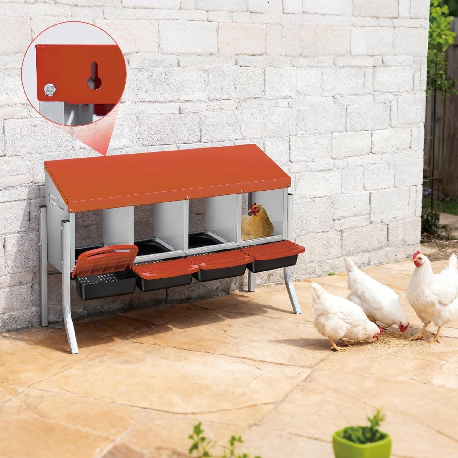 4 Chamber Steel Chicken Nest Box with Stand Pull Out Egg Tray