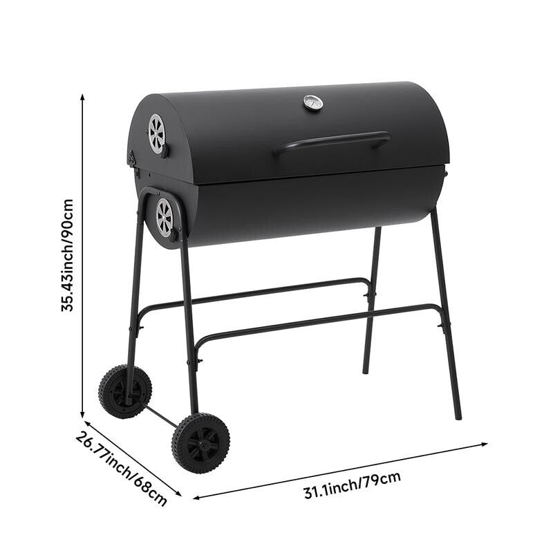 Charcoal BBQ Grill Outdoor Garden Cooker with Wheels & Thermometer