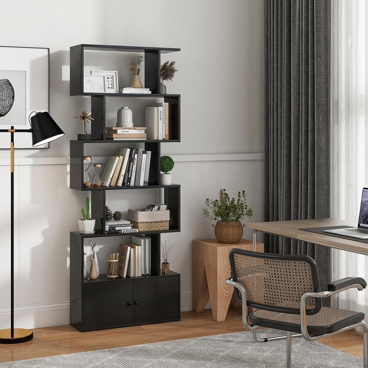 Black S-Shaped 6 Tier Bookcase Tall Freestanding Storage Shelf with Cabinet