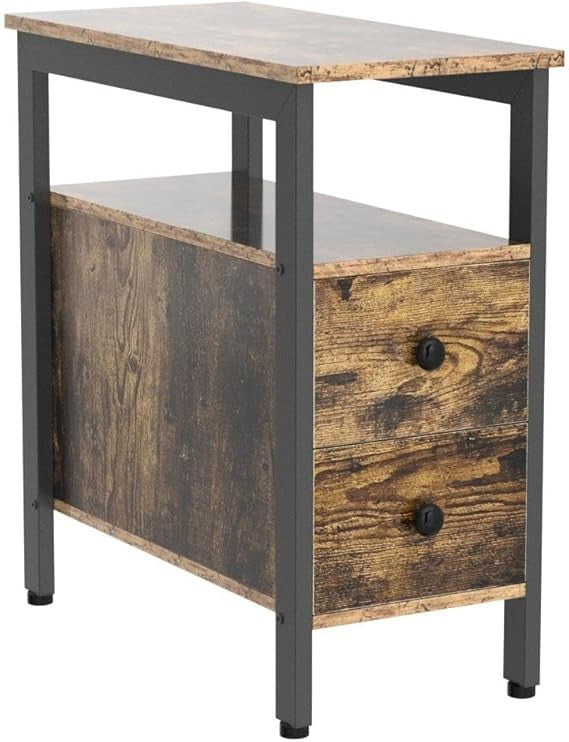 Slim Rustic Bedside Tables Set of 2 | Industrial 2-Drawer Nightstands 61×29.5×59