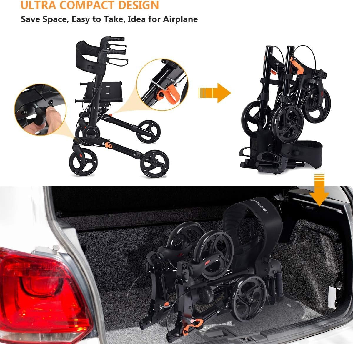 Lightweight Folding Rollator Walker with Seat Dual Brakes Storage Bag