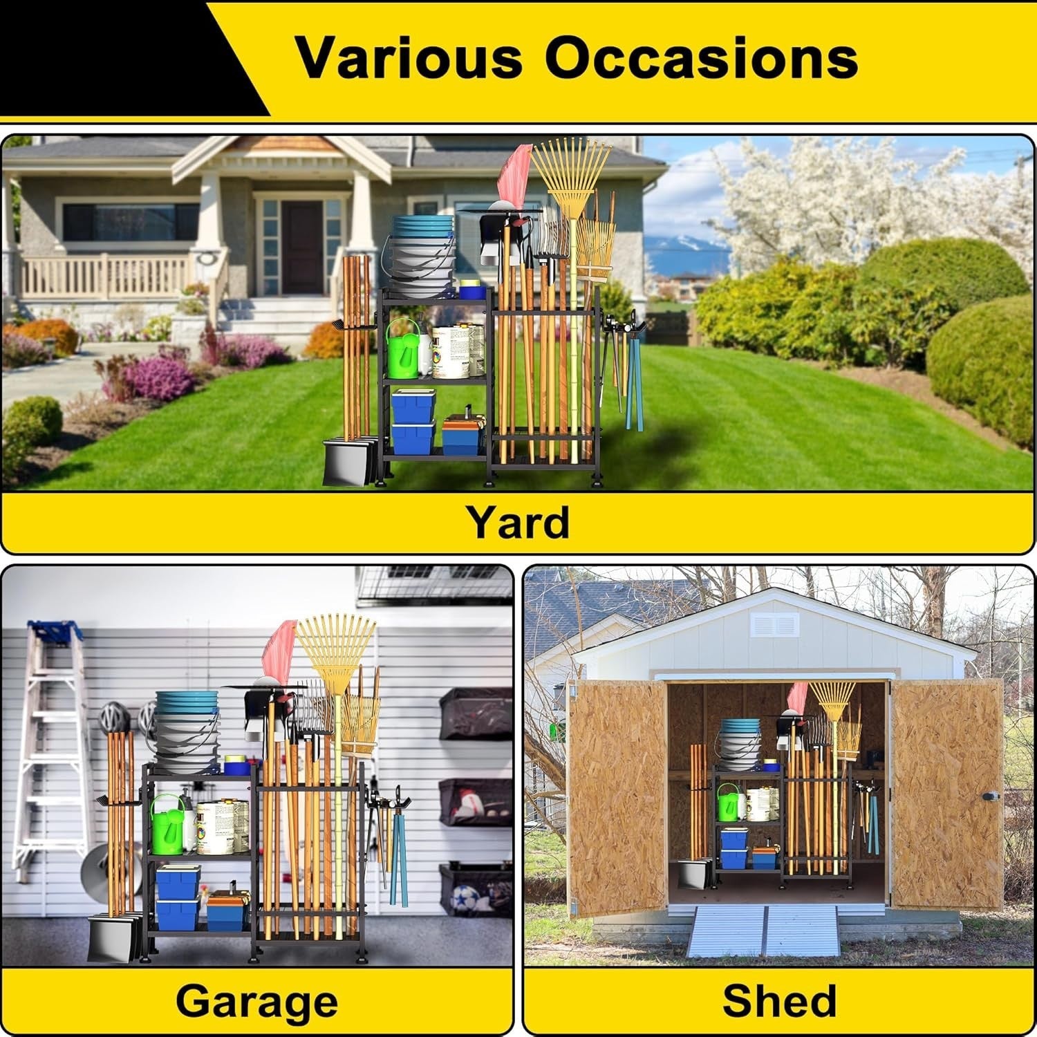 6-Tier Garden Tool Rack Metal Shed Storage Organizer Heavy Duty Black