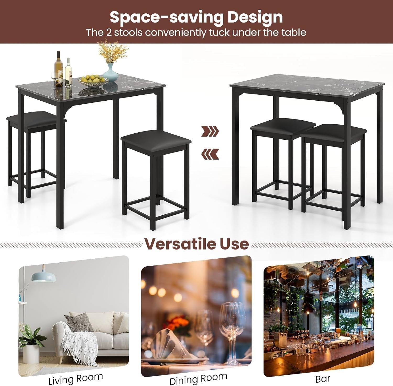 3-Piece Bar Table Set with Marble Top & 2 Stools Space-Saving Dining Black