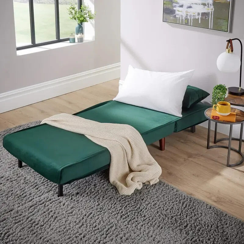 Green Velvet Single Sofa Bed Chair w/ Pillow Folding Guest Bed Seat