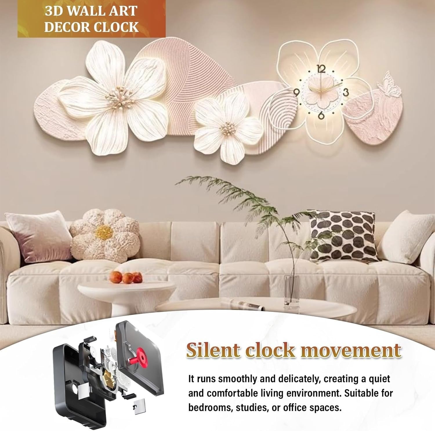 3D LED Wall Clock Flower Decor Silent Quartz Hanging Art Beige