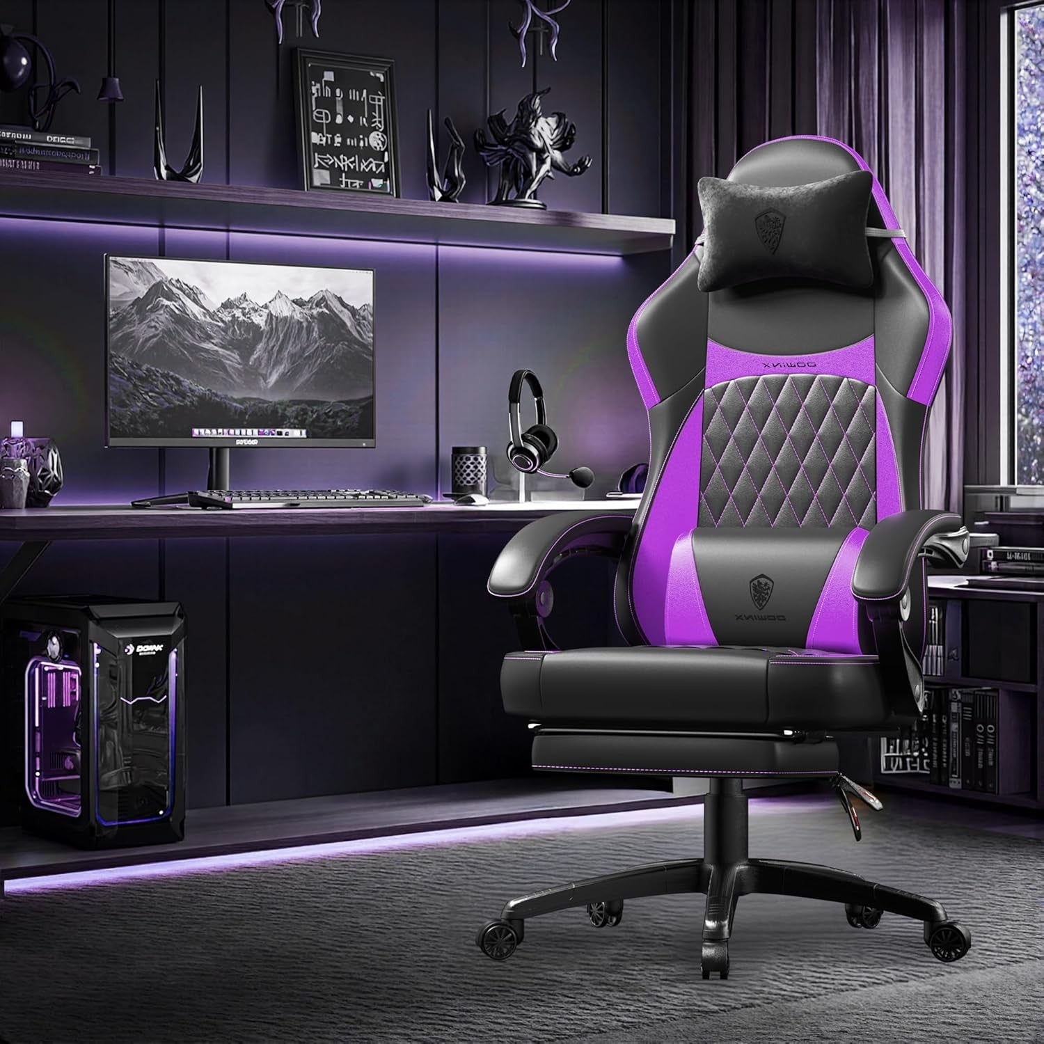 Ergonomic Gaming Chair Recliner w/ Footrest Massage White/Purple