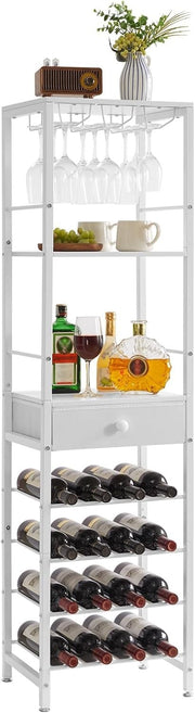 Freestanding Wine Rack Bar Cabinet White 4 Tier with Drawer & Glass Holder