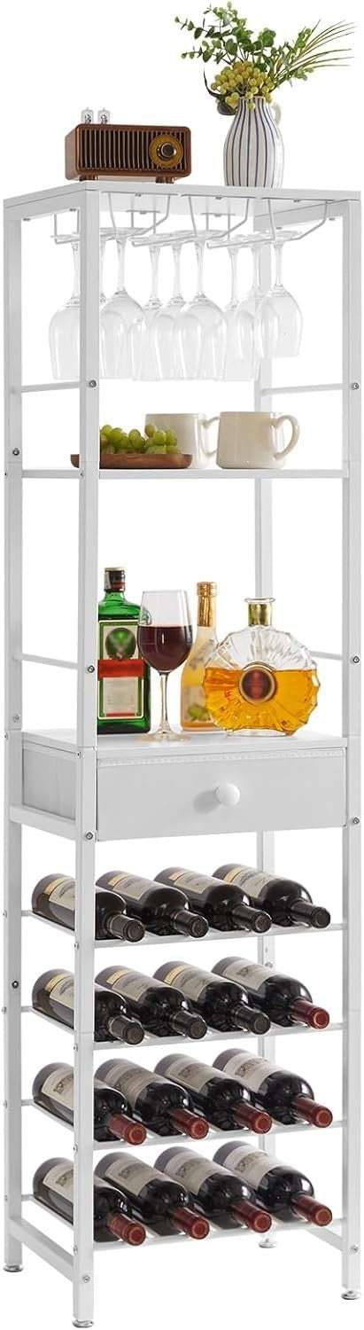 Freestanding Wine Rack Bar Cabinet White 4 Tier with Drawer & Glass Holder