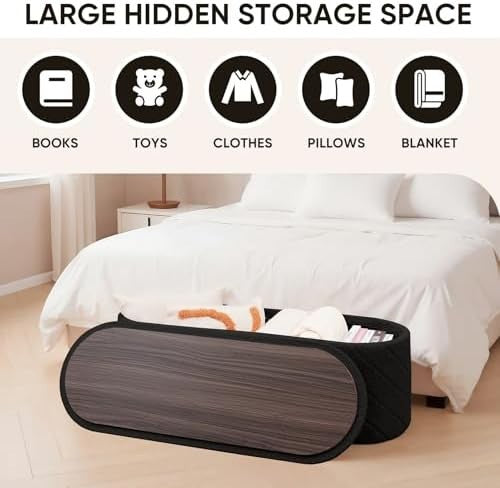 Black Oval Storage Ottoman Bench 3-in-1 Footrest Seat 110x38x38cm
