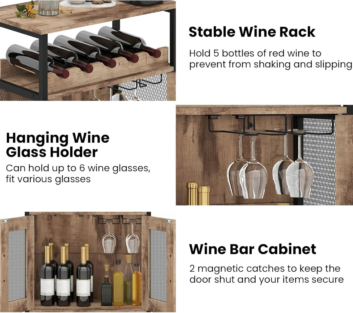 Grey Wash Wine Bar Cabinet with Glass Holder & Bottle Rack Freestanding