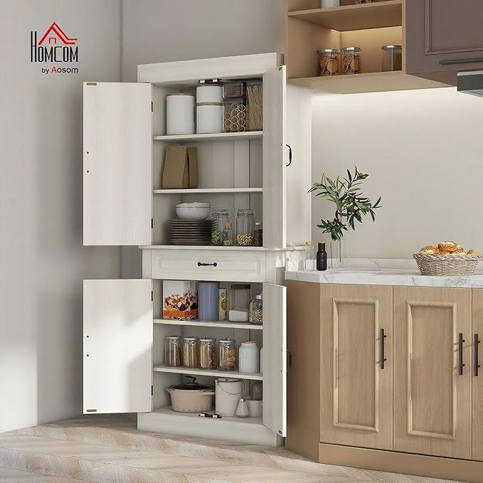 Tall White Kitchen Storage Cabinet with 4 Doors & Drawer, Freestanding Cupboard