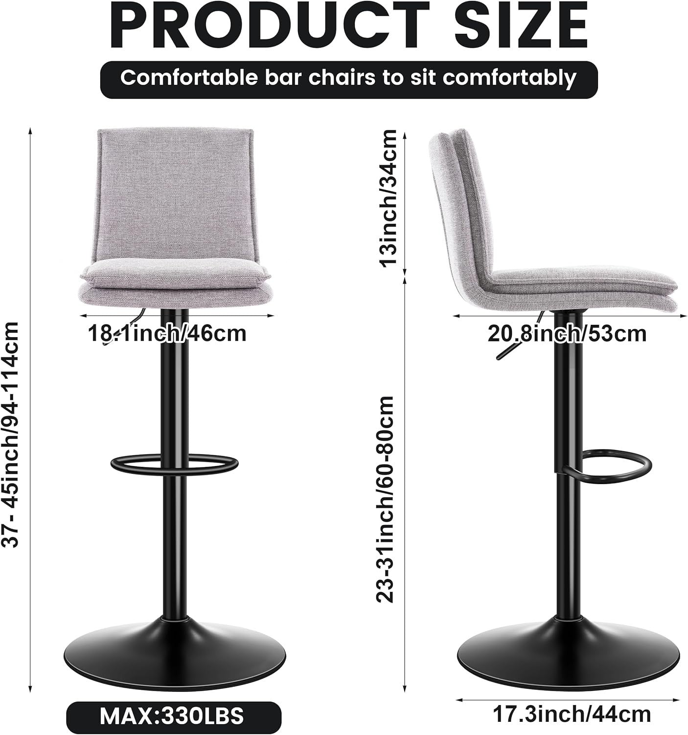 Adjustable Grey Linen Bar Stools for kitchen Set of 2 Swivel Kitchen Counter