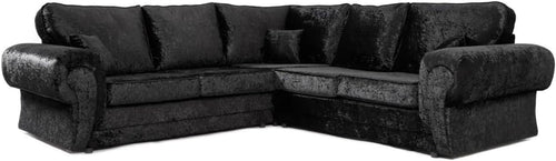 5 Seater Black Crushed Velvet Corner Sofa – L Shape, High Back, Reversible Cushi