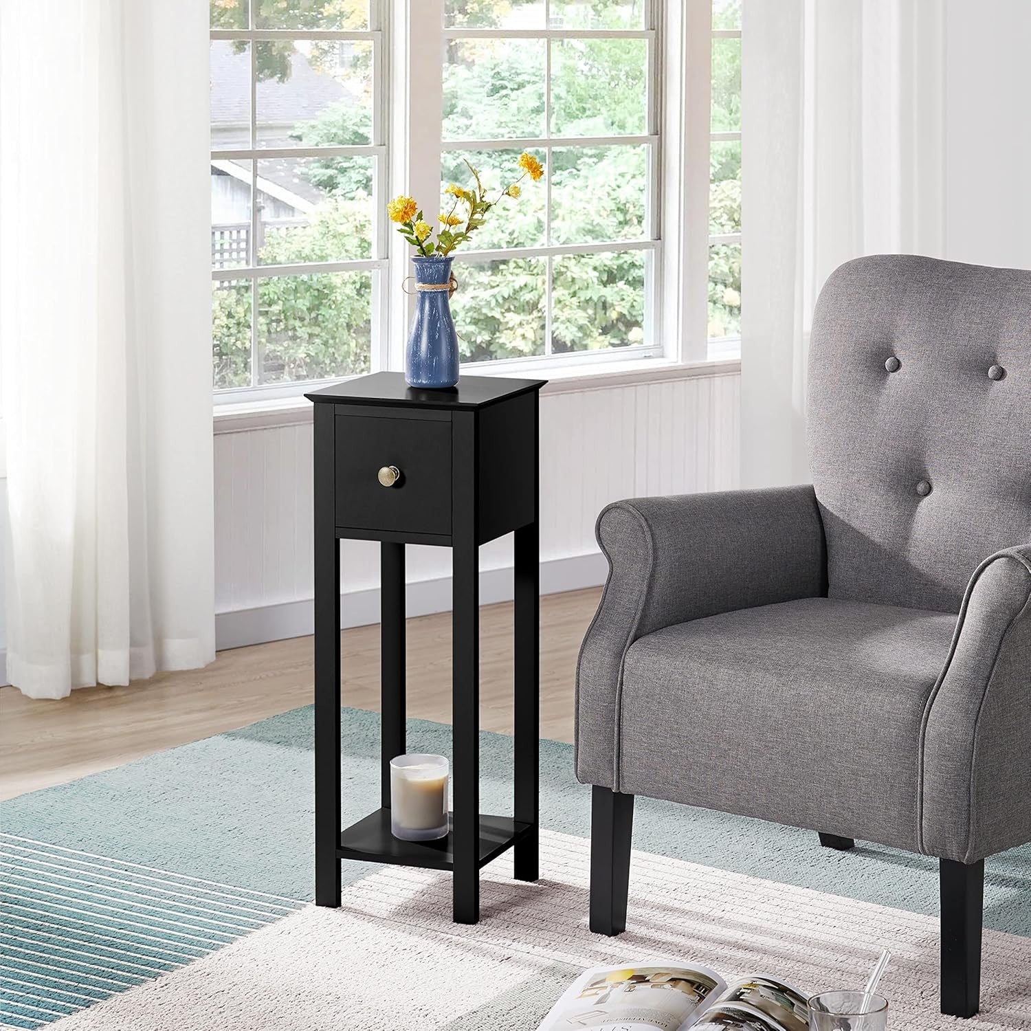 Set of 2 Black Slim Tall Bedside Tables with Drawer & Shelf – Narrow 25x25x70cm