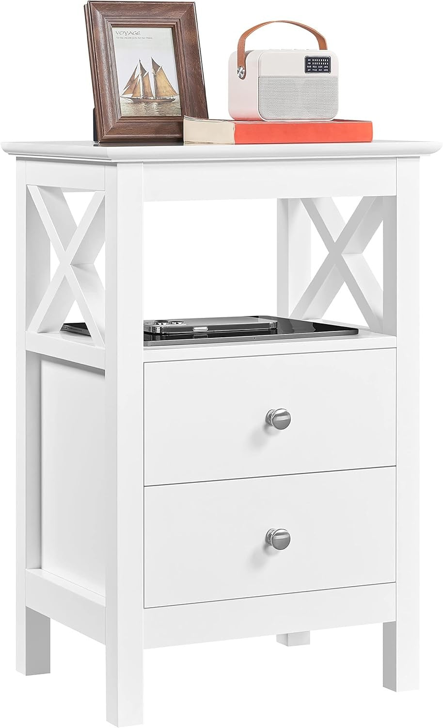 White Bedside Table with Drawers & Open Shelf – Modern X-Design Nightstand 30x40