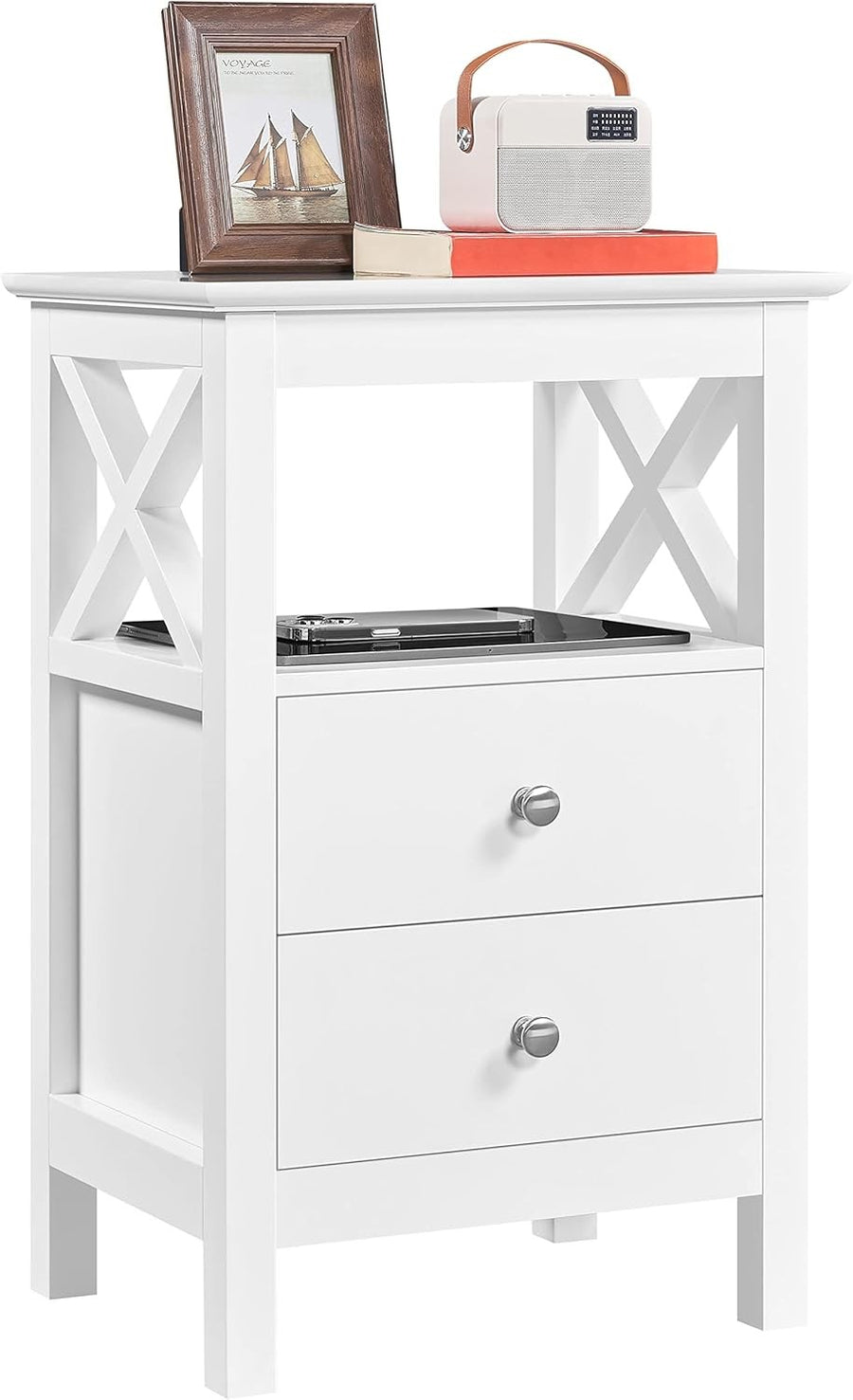 White Bedside Table with Drawers & Open Shelf – Modern X-Design Nightstand 30x40