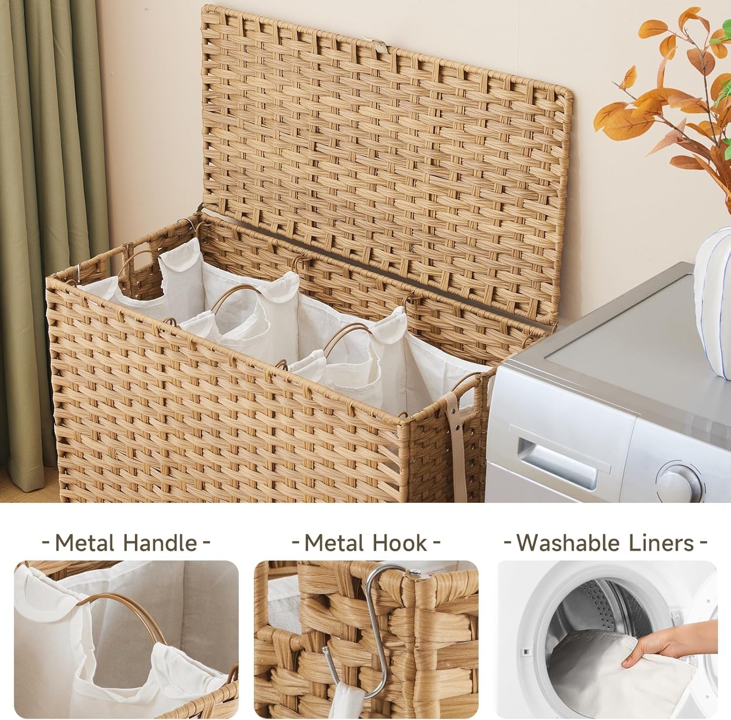 Large 200L Rattan Laundry Hamper on Wheels 3-Section Sorter with Lid & Bags