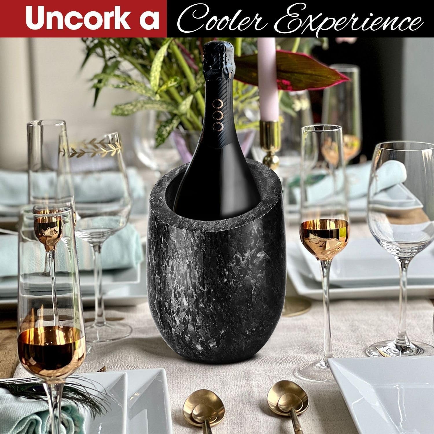Black Marble Wine Chiller Bucket Champagne Cooler Ice Free Tabletop 750ml