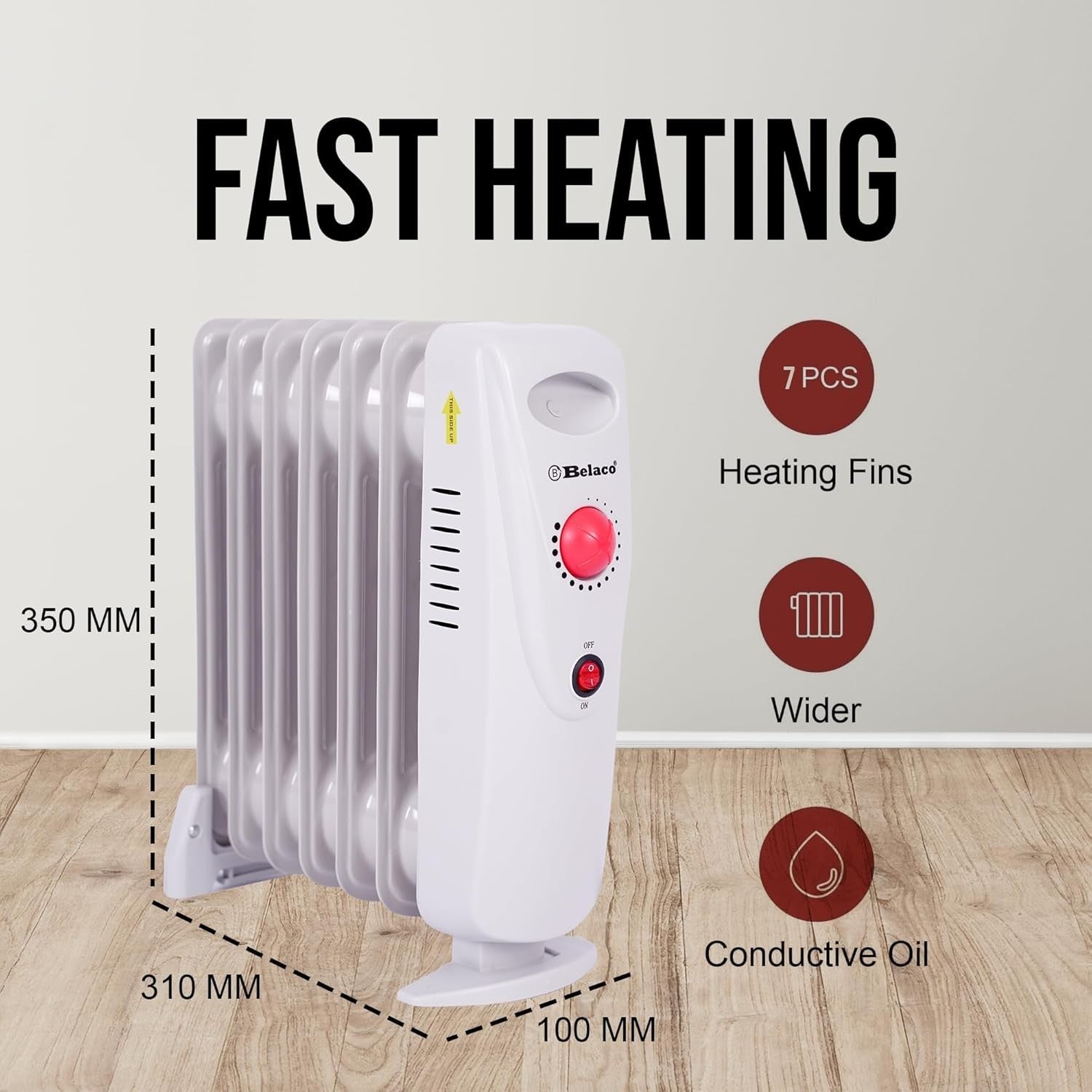 800W Mini Oil Filled Radiator 7 Fin Portable Electric Heater White
