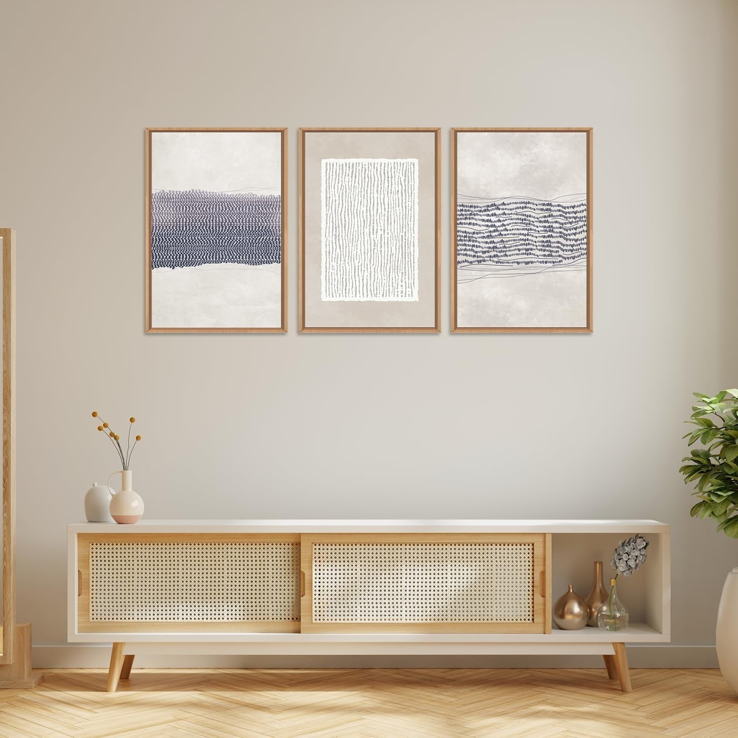 Blue White Abstract Framed Canvas Wall Art Set 3 Modern Minimal Prints