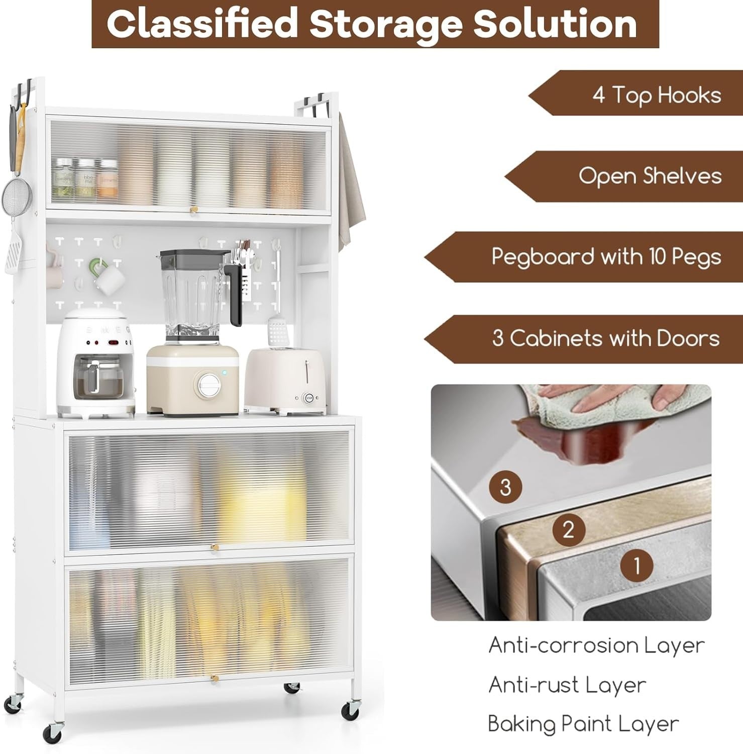 80x40x163cm White Rolling Kitchen Cabinet 5-Tier Pantry Storage with Wheels
