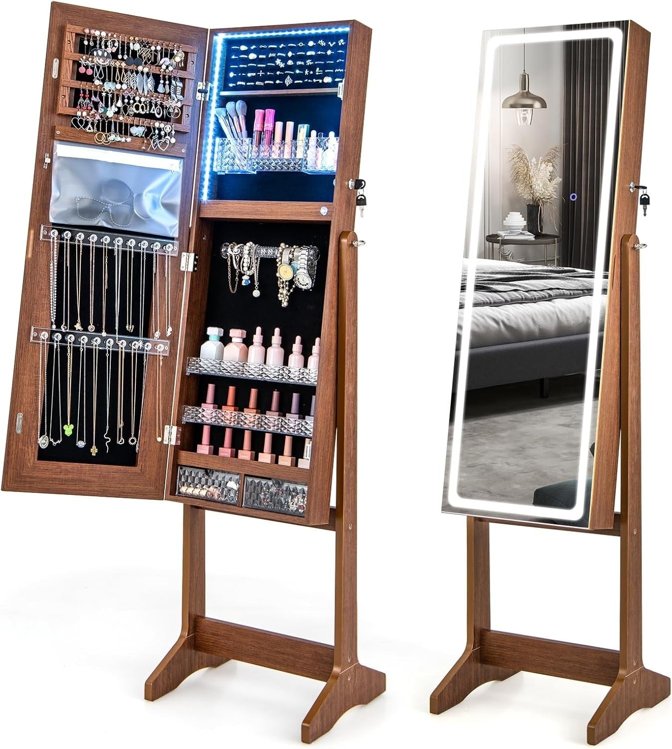 Walnut LED Jewellery Cabinet Full Length Mirror Adjustable Lockable Armoire