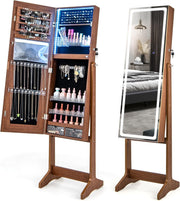 Walnut LED Jewellery Cabinet Full Length Mirror Adjustable Lockable Armoire