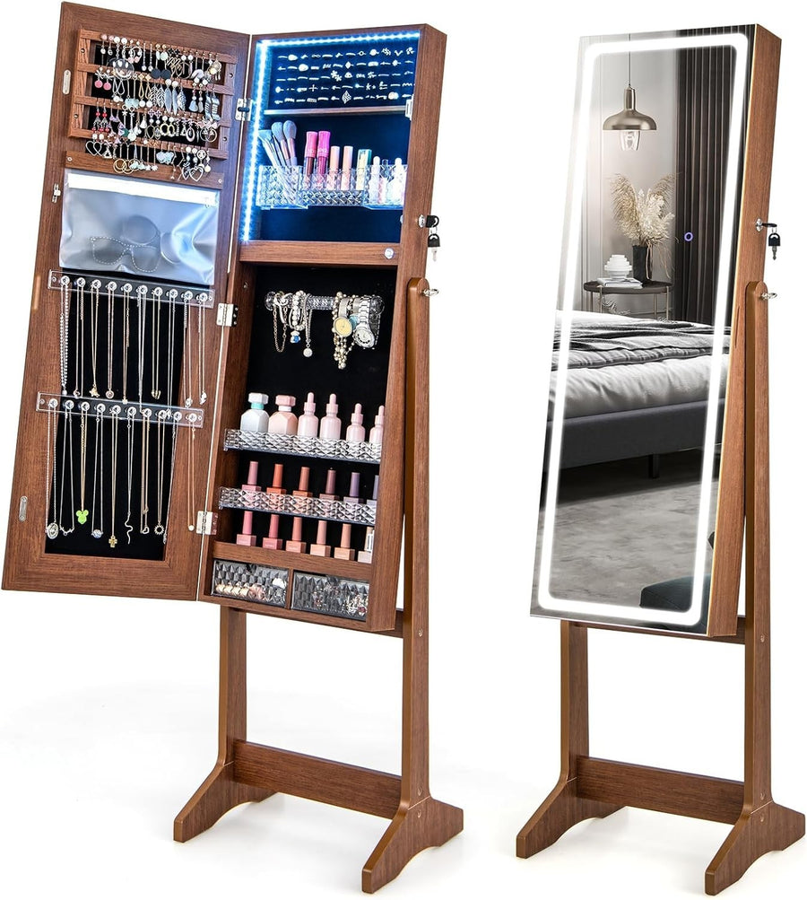 Walnut LED Jewellery Cabinet Full Length Mirror Adjustable Lockable Armoire