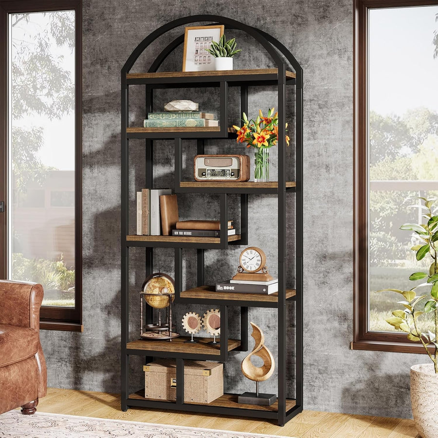 180cm Tall Arch Bookshelf | 7-Tier Rustic Industrial Wood & Metal Display Shelf