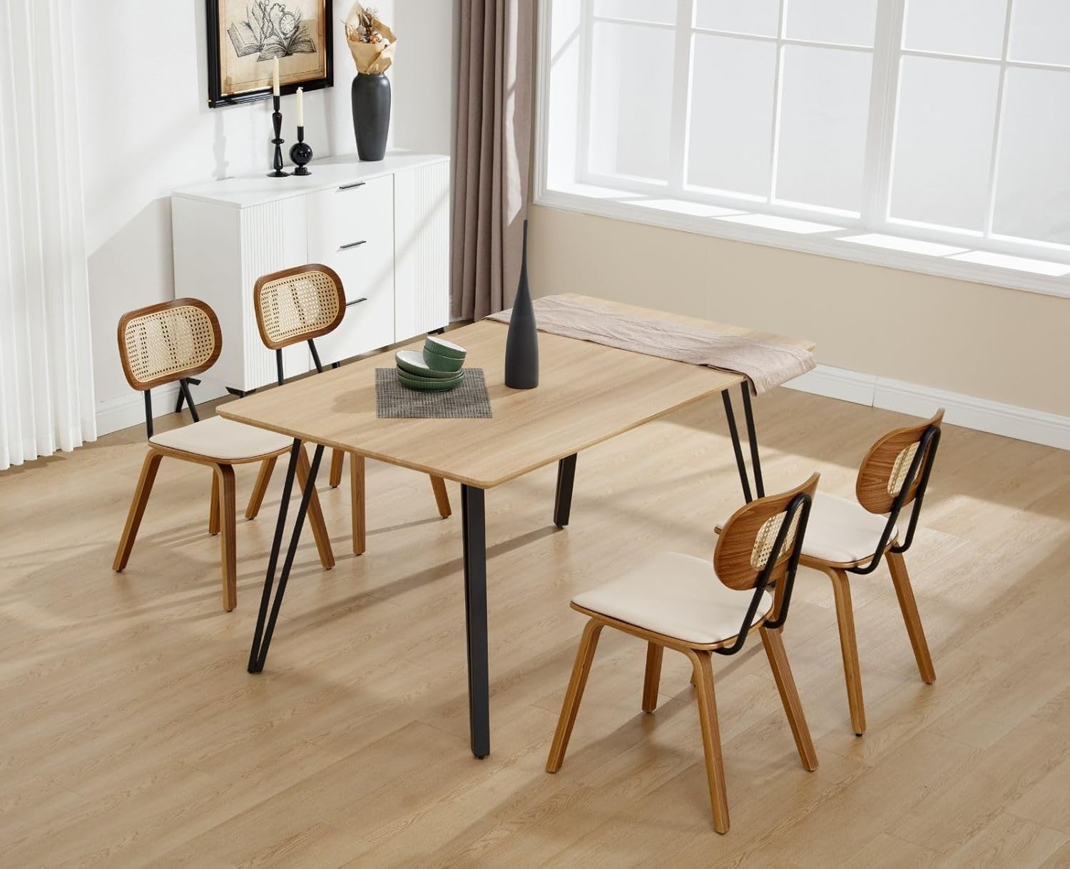 Rattan Dining Chairs Set of 2 Mid Century Wooden Legs Kitchen Dining Seats
