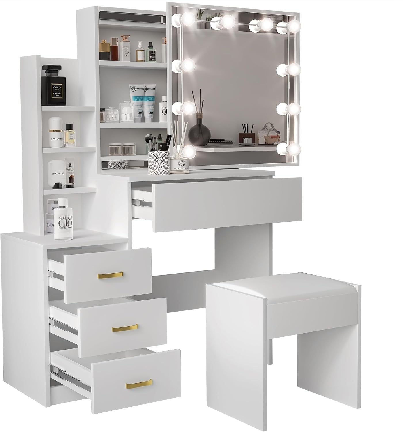 White Dressing Table Set w/LED Mirror Lights 3 Drawers Open Storage Modern