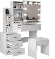 White Dressing Table Set w/LED Mirror Lights 3 Drawers Open Storage Modern