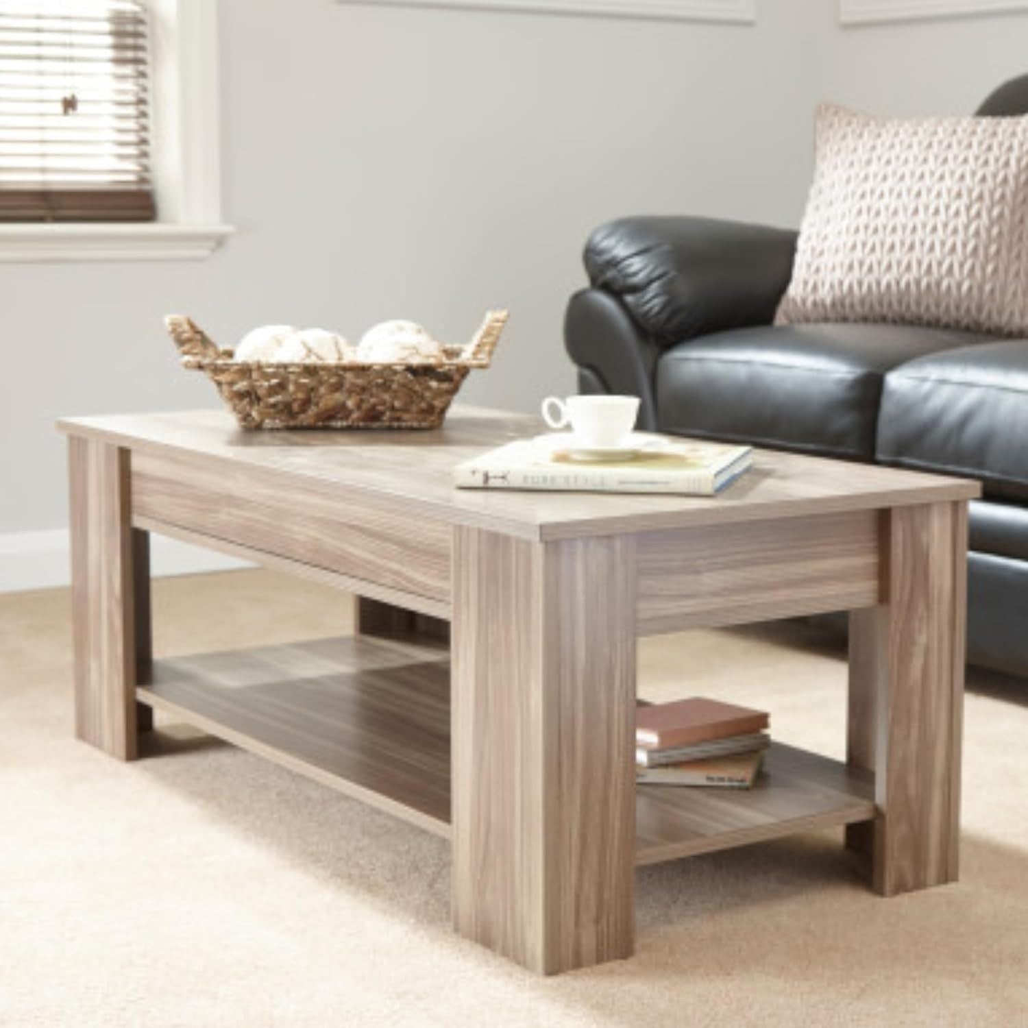 Lift Top Coffee Table with Hidden Storage & Shelf – Walnut Modern Space Saver
