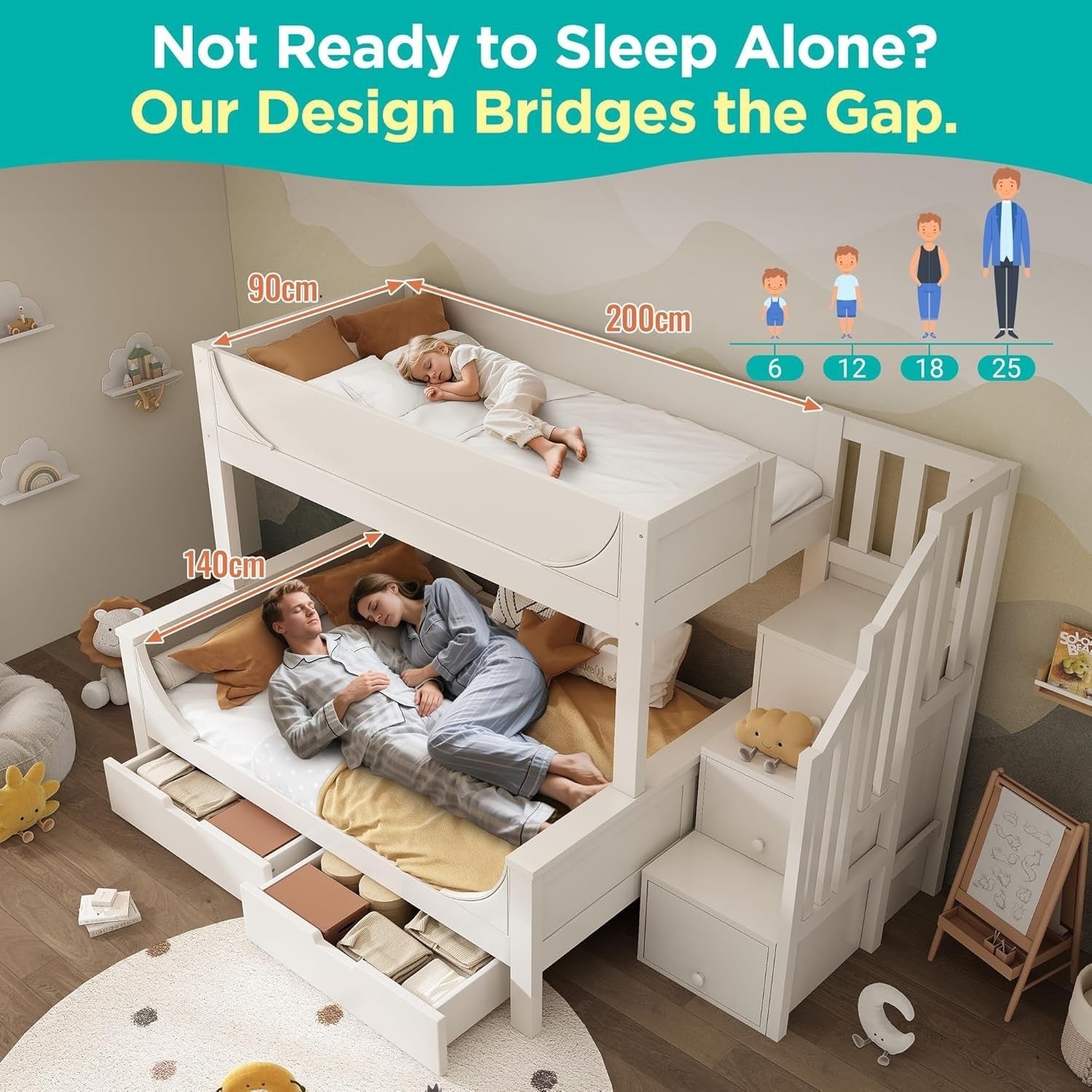 Space-Saving Double Bunk Bed with Storage Drawers & Stairs, Kids Safe