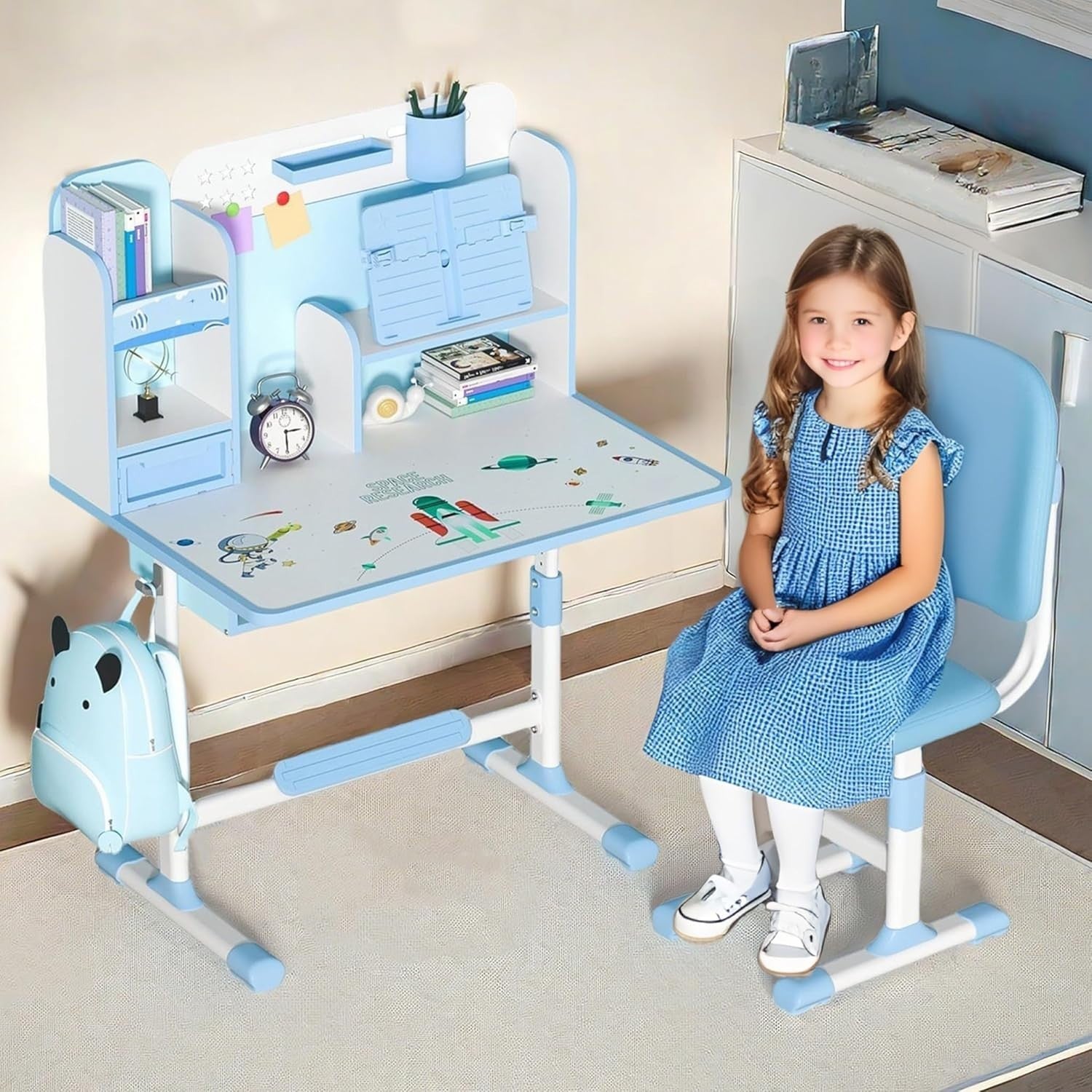Adjustable Kids Desk & Chair Set w/ Storage, Ergonomic Back Support
