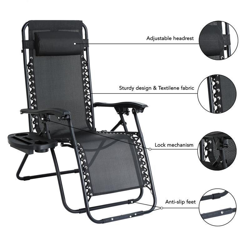 Zero Gravity Reclining Garden Chairs Set of 2 – Folding Sun Loungers w/ Cup Hold