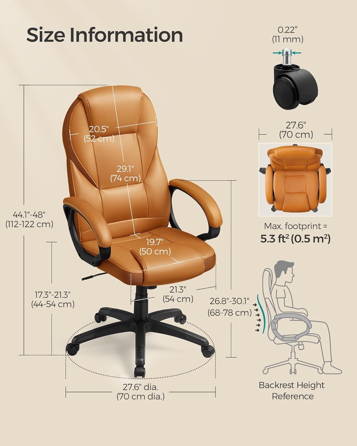 Ergonomic Office Chair Faux Leather Swivel Desk Seat Adjustable Height Brown