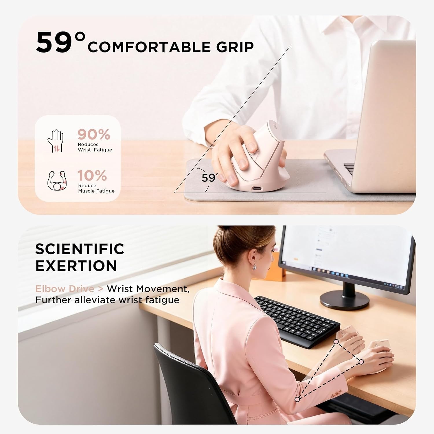 Vertical Wireless Ergonomic Mouse Bluetooth Rechargeable Pink