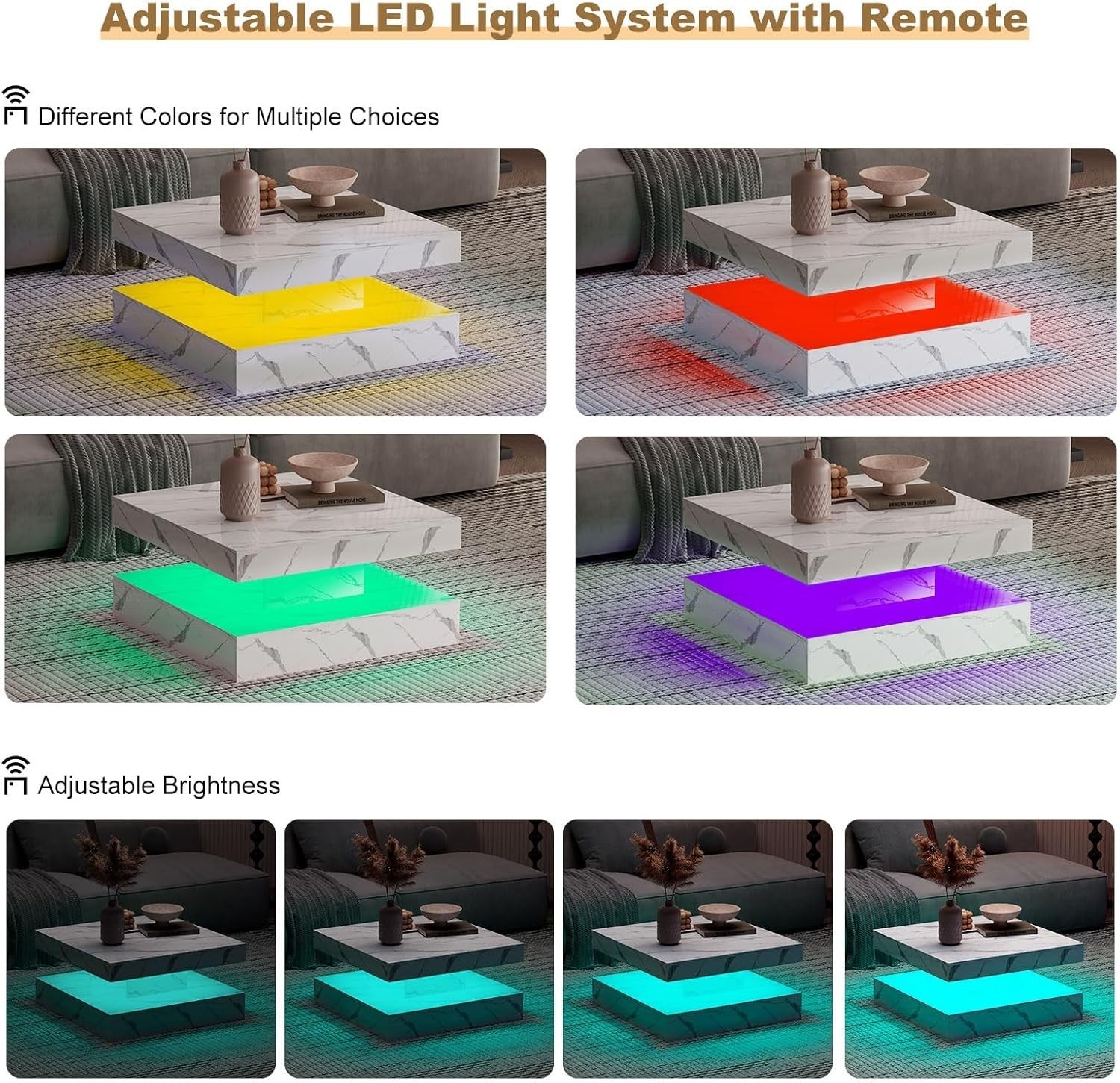 White Marble LED Coffee Table with Storage, 2-Tier Square 78x78cm