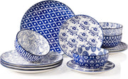 12pc Porcelain Dinnerware Set Blue White Plates Bowls Modern Dishwasher Safe
