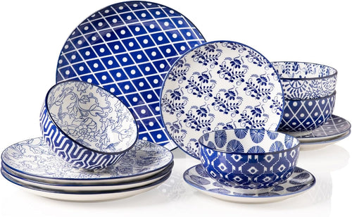 12pc Porcelain Dinnerware Set Blue White Plates Bowls Modern Dishwasher Safe