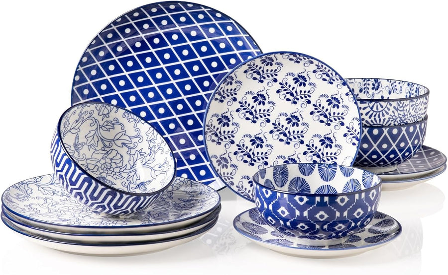 12pc Porcelain Dinnerware Set Blue White Plates Bowls Modern Dishwasher Safe